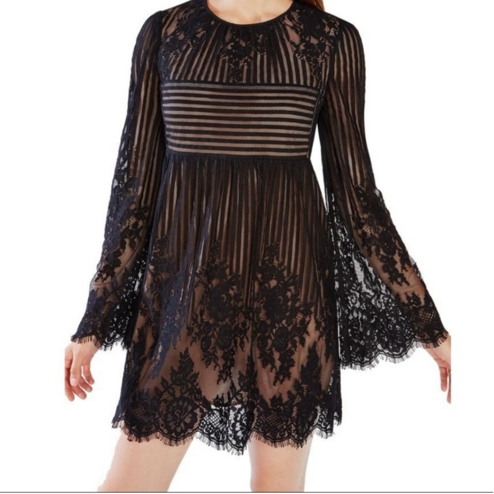 BCBGMaxAzria black lace & nude lining long sleeve short dress